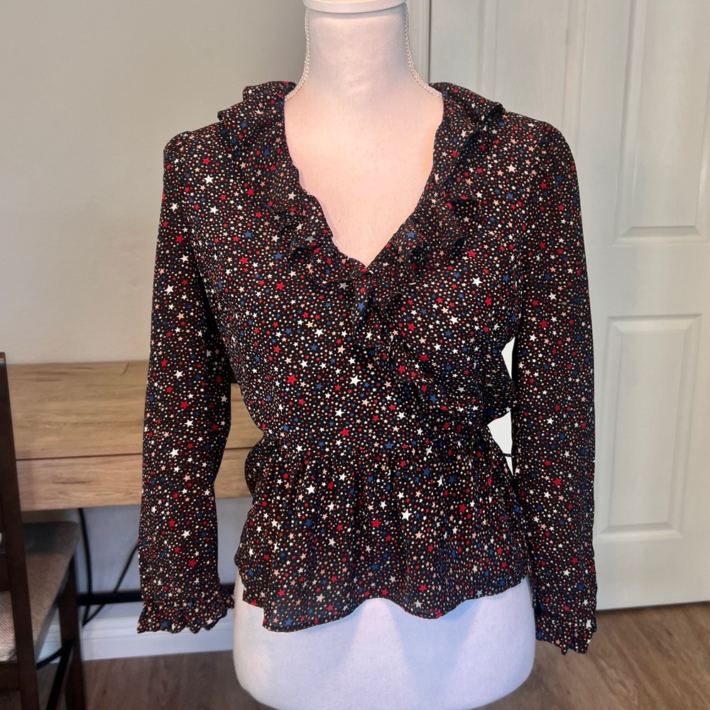 Madewell Black Silk Ruffle-Hem Wrap Top in Starry Night Print - Size S